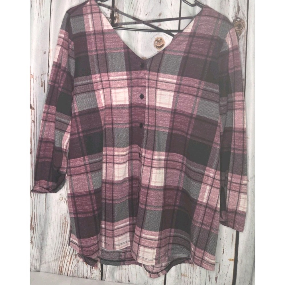 French Laundry Women's XL Burgundy Plaid Roll Tab Sleeve V-Neck Criss-Cross Back - Picture 2 of 6